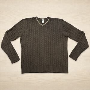 Gap Mens Sweater XL Dark Brown Cable Knit V Neck Fisherman Preppy Chunky Retro